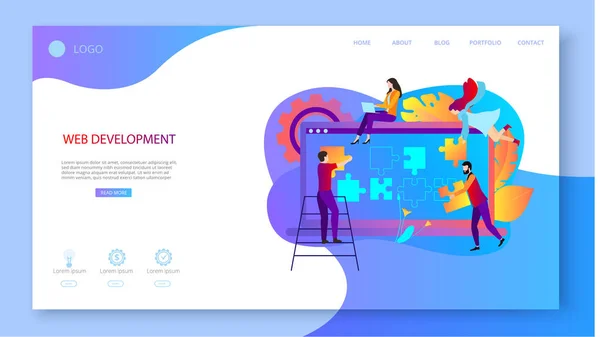 Sviluppo web. Pagina di destinazione o modello di pagina web con laptop e — Vettoriale Stock