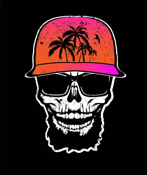 Cráneo con barba en gorra naranja y gafas de sol. Camiseta estampada, de — Vector de stock