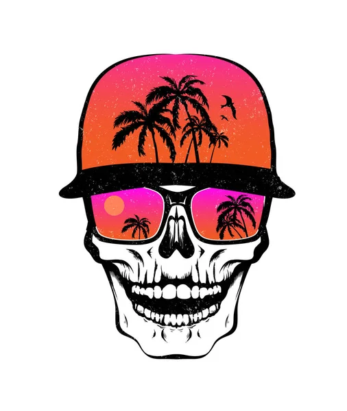 Skalle i solglasögon och apelsin mössa med palmträd. T-shirt prin — Stock vektor
