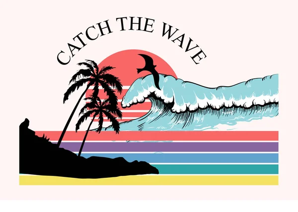 Paisaje marino con olas y palmeras en la playa. Camiseta estampada con i — Archivo Imágenes Vectoriales