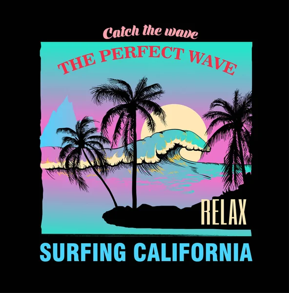 Paisaje marino con olas y palmeras en la playa. Camiseta estampada con — Archivo Imágenes Vectoriales