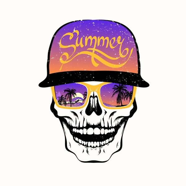 戴着太阳镜的骷髅，有棕榈树和紫色的帽子。T恤普林 — 图库矢量图片