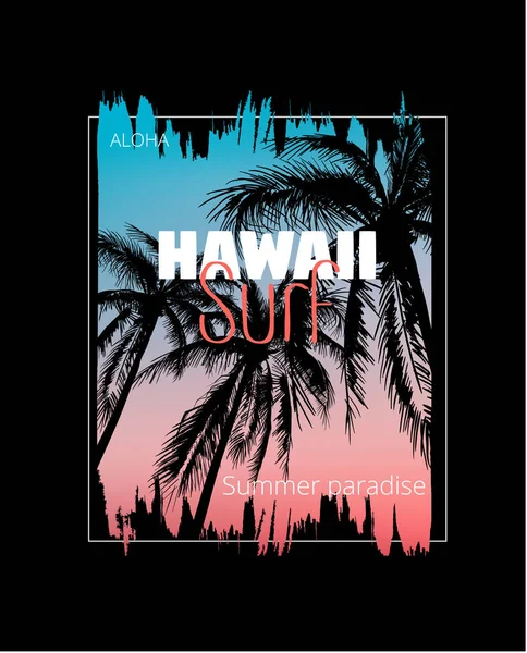 Hawaii surf. Poster colorat cu palmieri. Imprimare tricou cu — Vector de stoc