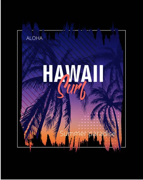 Hawai surf. Cartel colorido con palmeras. Camiseta estampada con — Vector de stock