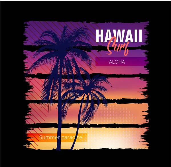 Hawai surf. Cartel colorido con palmeras. Camiseta estampada con — Vector de stock