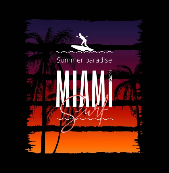 Surfowanie w Miami. Kolorowy plakat z palmami. T-shirt z nadrukiem — Wektor stockowy