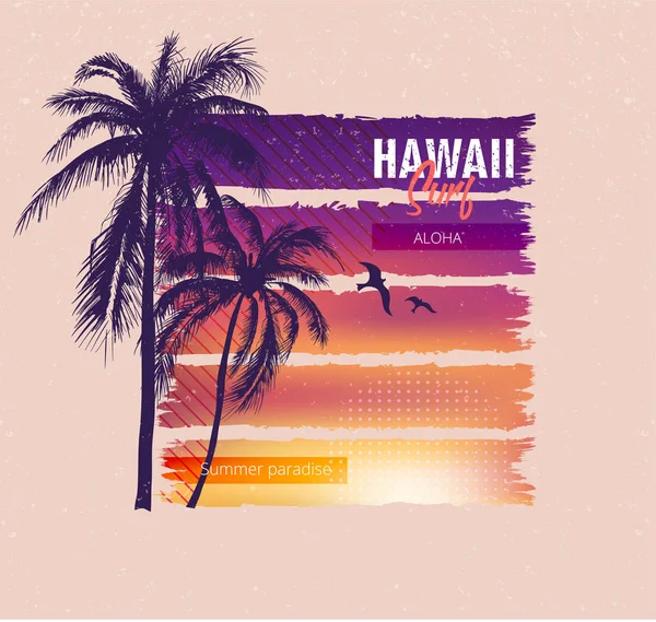 Hawai surf. Cartel colorido con palmeras. Camiseta estampada con — Vector de stock