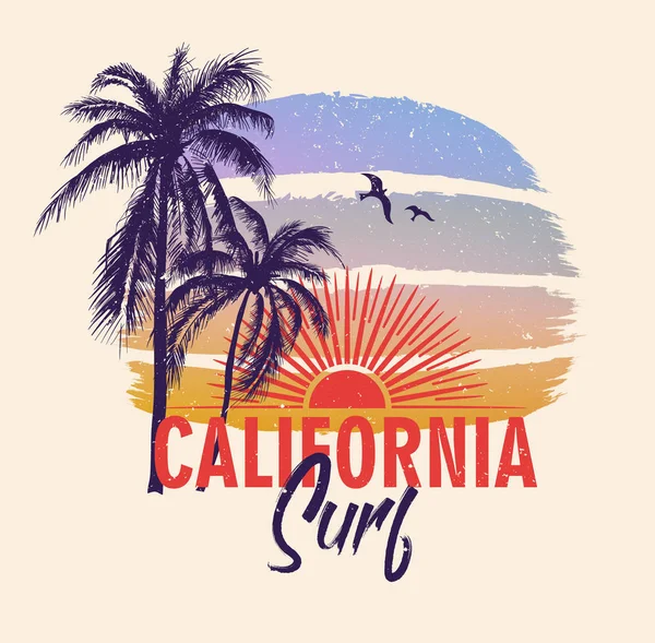 Surf de California. Cartel colorido con palmeras y sol. T-shir — Vector de stock