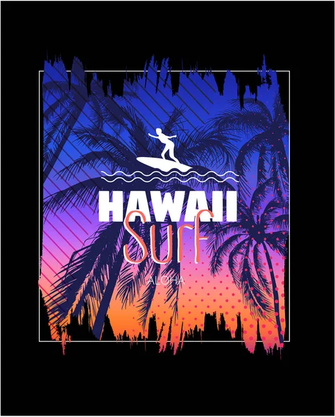 Hawai surf. Cartel colorido con palmeras. Camiseta estampada con — Vector de stock