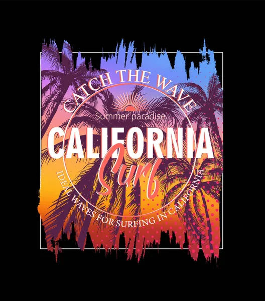 Surfeando en California. Cartel colorido con palmeras y sol . — Archivo Imágenes Vectoriales