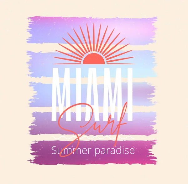 Cartel colorido con sol e inscripción de surf en Miami. Camiseta pri — Archivo Imágenes Vectoriales