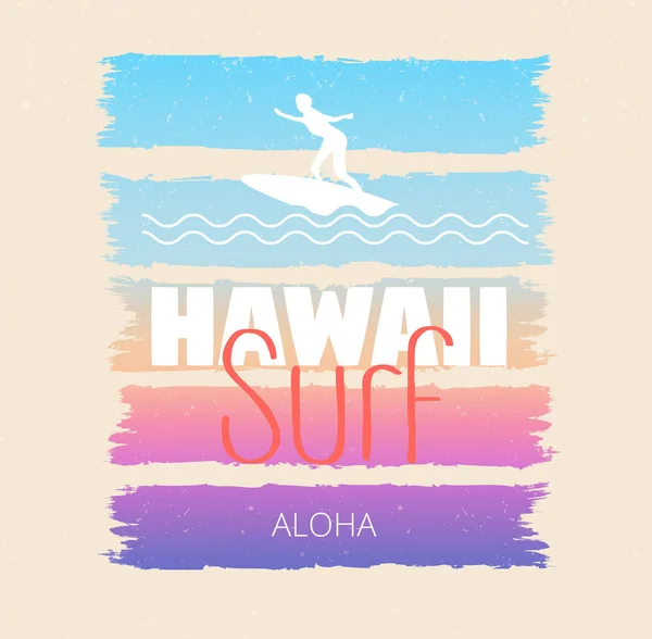 Cartel colorido con inscripción de surf de Hawaii. Impresión de la camiseta, suma — Archivo Imágenes Vectoriales