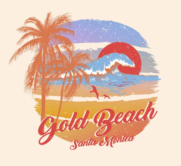 Cartel colorido con palmeras e inscripciones en la playa de Santa Mónica — Vector de stock