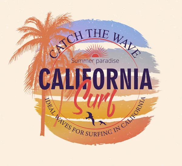 Cartel colorido con palmeras e inscripción de surf de California . — Archivo Imágenes Vectoriales