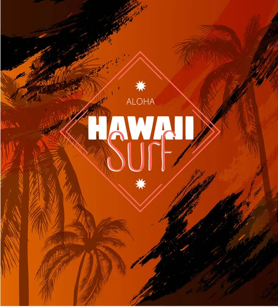 Cartel naranja con palmeras e inscripción de surf en Hawaii. T-shi. — Vector de stock