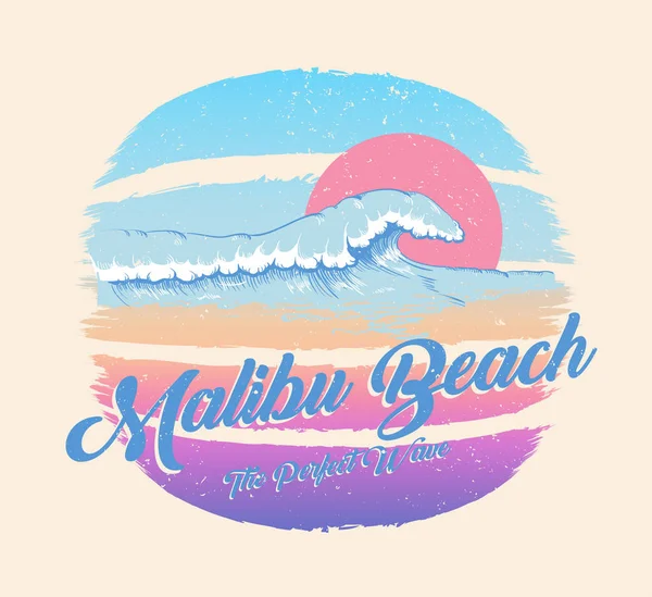 Πολύχρωμο πόστερ με κύμα και επιγραφή Παραλία Μαλιμπού. T-shirt — Διανυσματικό Αρχείο