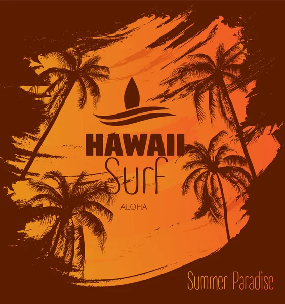 Cartaz laranja com palmeiras e inscrição de surf havaiano. T-shi —  Vetores de Stock