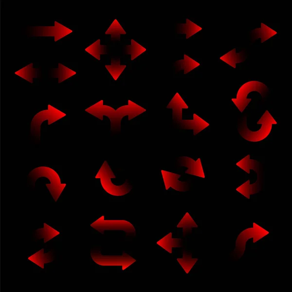 黒い背景に分離された赤いぼやけた丸い矢印のセット. — ストックベクタ