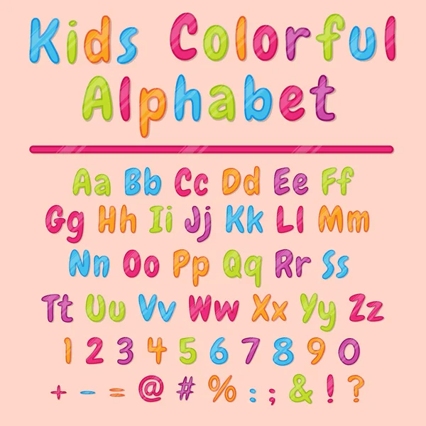Colorato alfabeto dei cartoni animati latini e figure. Design del carattere per bambino — Vettoriale Stock
