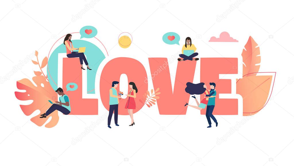 Coral love sign or poster with people on white background.