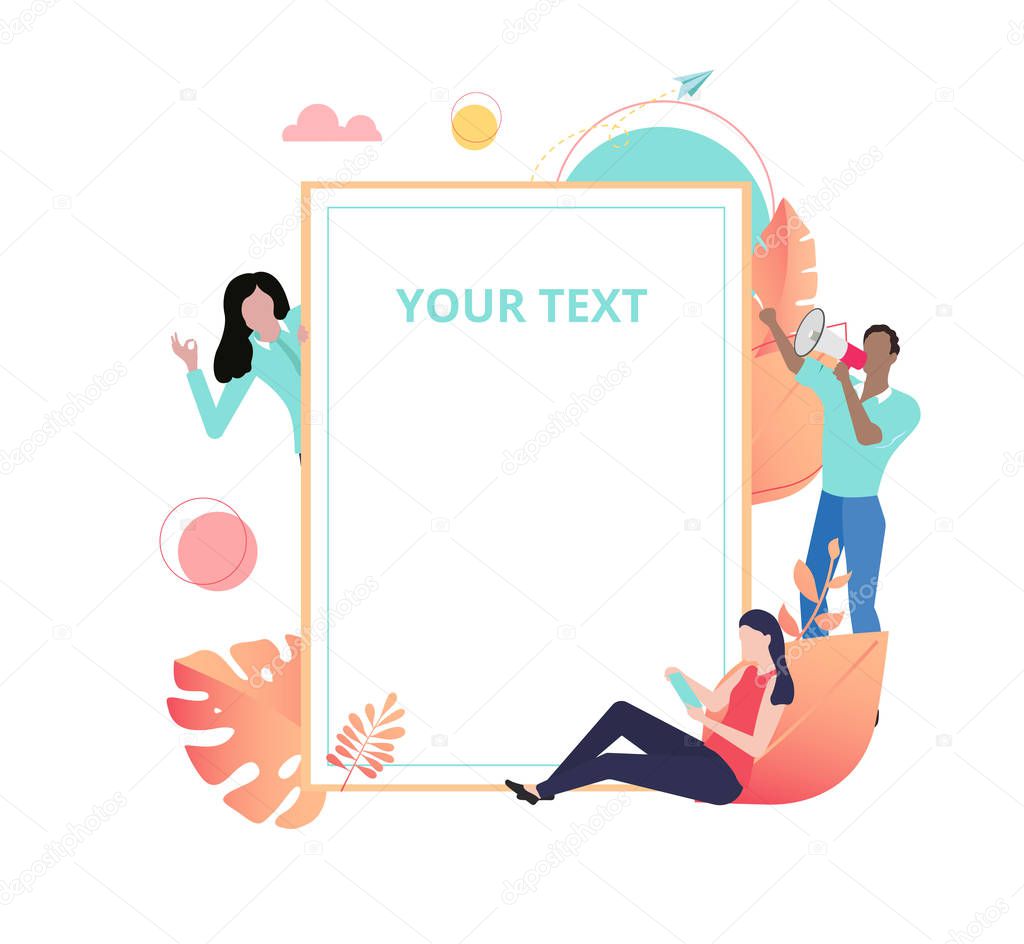 White and coral paper poster with people and space for your text