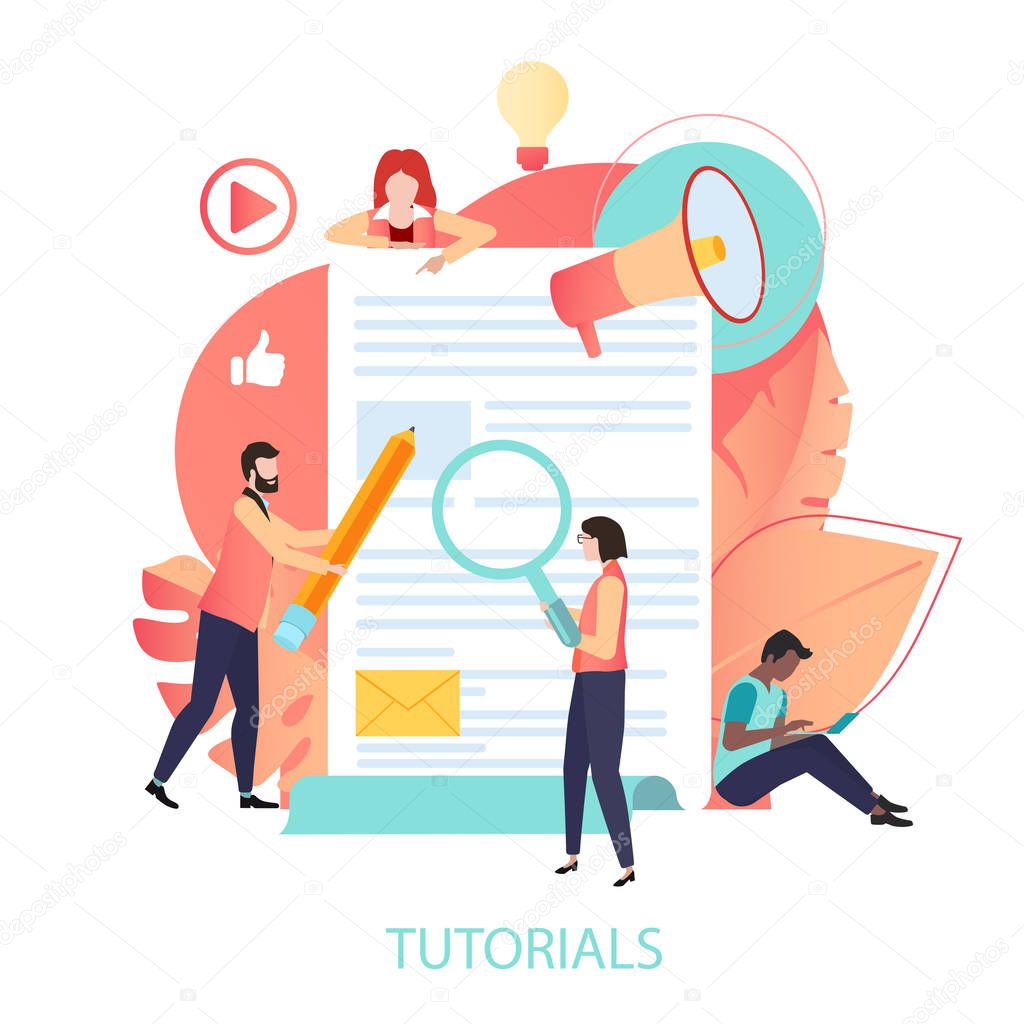 Tutorials. Color illustration with electronic textbook and peopl