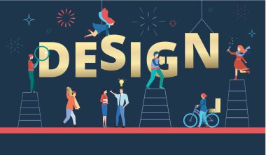 Tasarım, yeni proje yaratan insanlarla mavi poster. Takım çalışması, 