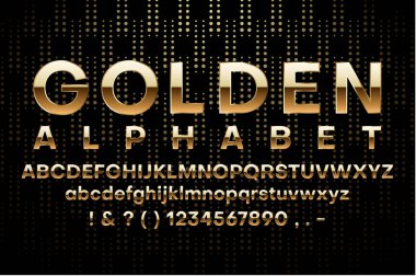 Altın Latin alfabesi ve figürleri. Yazı tipi tasarımı. 