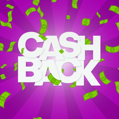 Yeşil dolar banknotlar ile Para cashback mor poster.