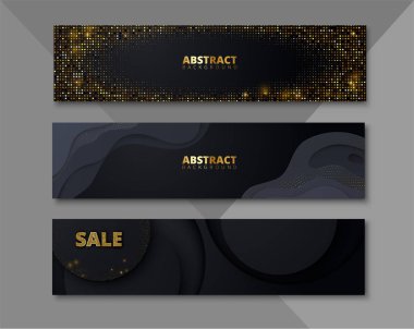 Satılık altın payetler ile siyah soyut afiş seti. 