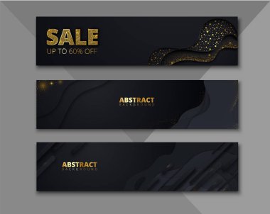 Satılık altın payetler ile siyah soyut afiş seti. 