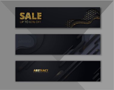 Satılık altın payetler ile siyah soyut afiş seti. 