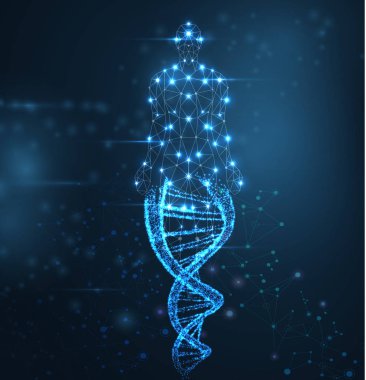 Parlak Dna molekülü, neon sarkaç lı mavi soyut arka plan 