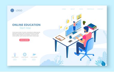 Online eğitim. Erkek çalışması ile arka plan veya ana sayfa şablonu