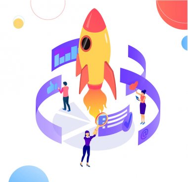 Yeni işler başlıyor. İnsanlar, roket ve digi ile İllüstrasyon