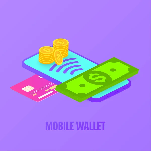 Мобильный бумажник фиолетовый фон со смартфоном, кредитной картой и — стоковый вектор