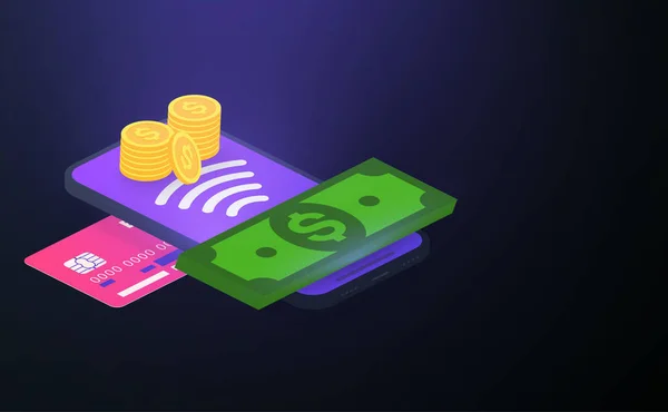 Mobile wallet sfondo viola con smartphone, carta di credito e — Vettoriale Stock