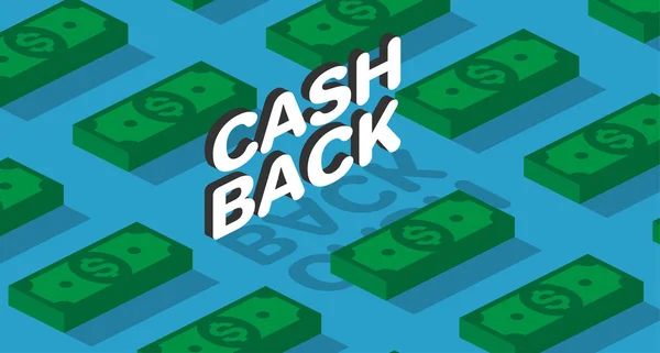 Денежные средства cashback синий фон с зеленым долларом банкноты patte — стоковый вектор