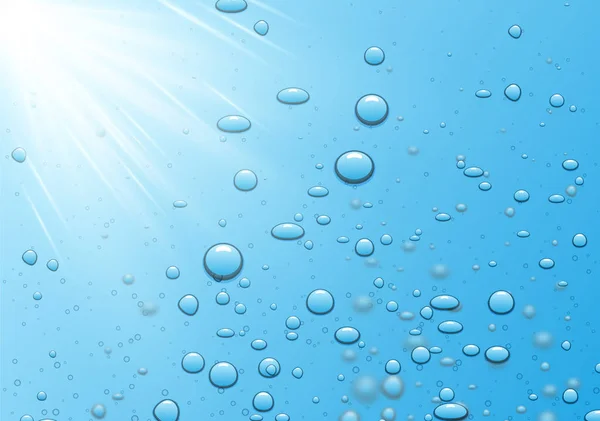 Latar belakang air biru dengan sinar matahari dan gelembung realistis atau dro - Stok Vektor