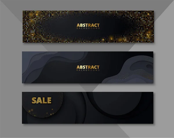 Satılık altın payetler ile siyah soyut afiş seti. 