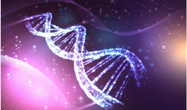 Abstraktes, leuchtendes Dna-Molekül, Neon-Helix auf violettem Hintergrund. — Stockvektor