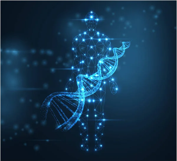 Fondo abstracto azul con molécula luminosa de ADN, hélice de neón — Vector de stock