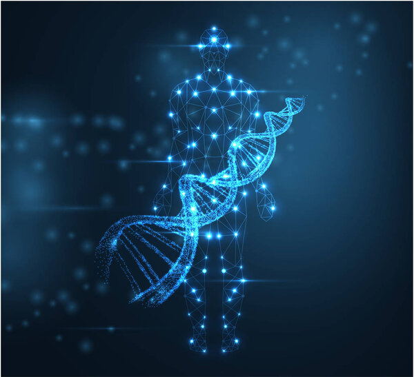 Blue abstract background with luminous DNA molecule, neon helix 