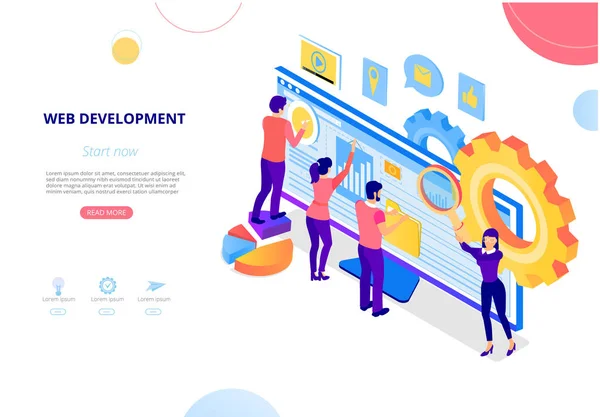 ウェブ開発。コンピュータを使用したランディング ページまたはホームページ テンプレート — ストックベクタ