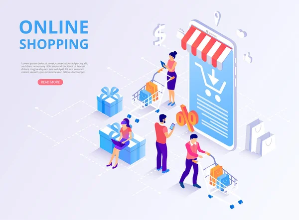 Loja online, compras, pagamento online. Modelo de página inicial com 3 — Vetor de Stock