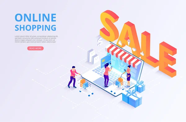 Negozio online, shopping, vendita online. Homepage modello con 3d l — Vettoriale Stock