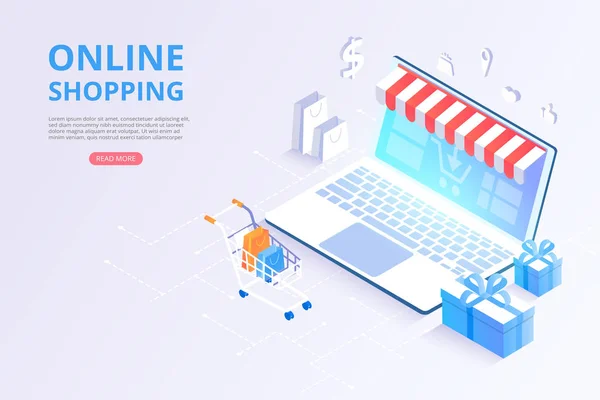 Loja online, compras, pagamento online. Modelo de página inicial com 3 — Vetor de Stock