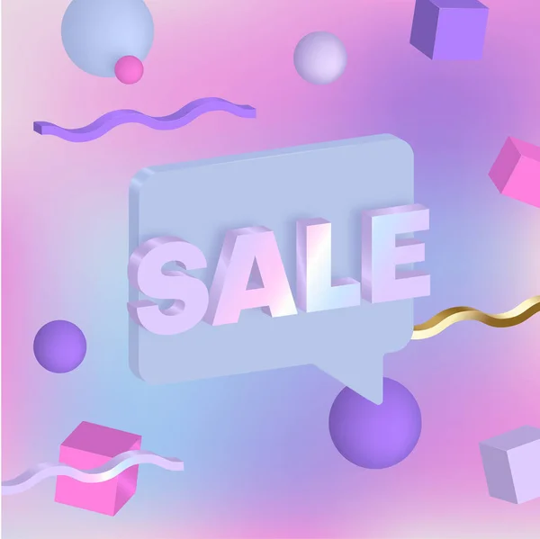 Venta cartel de promoción de color lila con burbuja creativa de habla 3d . — Vector de stock