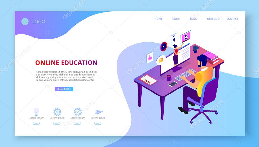 Online education. Background or homepage template with man study