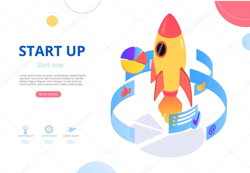 New business start up. Homepage template with rocket and digital
